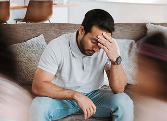 Image showing Family, chaos and father on sofa with headache, tired and energetic children in their home. Noise, stress and parent in living room with migraine, depression and fatigue, anxiety or crisis from kids