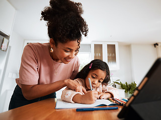 Image showing Mother, child student and writing homework on a table at home for learning and development. African woman and a girl kid together for education, homeschool or drawing art with creativity and support