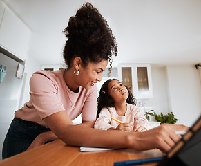 Image showing Mom, helping with learning and girl with idea, thinking or problem solving a solution to question, work and homework. Tablet, studying online and child together with mother for education and studying