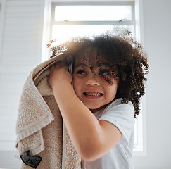 Image showing Bathroom, towel or child washing hair in shower in daily morning grooming routine at home. Biracial kid, natural or young boy cleaning for wellness, hydration or healthy haircare with afro hairstyle