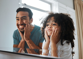 Image showing Family, children and a father with his daughter in the bathroom mirror, looking at their reflection during morning routine. Love, kids and a little girl washing her face with dad for hygiene at home