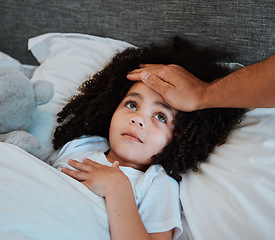 Image showing Sick, fever and girl child in bed for rest to recover from flu, cold or allergies at her home. Illness, tired and hand of father checking the temperature of his daughter in her bedroom at their house