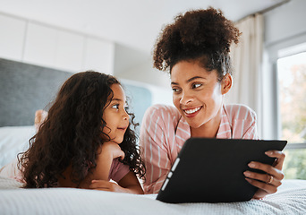 Image showing Bed, relax and happy family kid with tablet for streaming child friendly video, morning entertainment or internet. Bedroom wellness rest, bond and home mother, daughter or people smile for online app