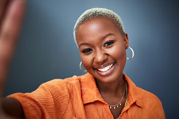 Image showing Beauty, selfie and black woman with a smile, profile picture and freedom with against a grey studio background. Portrait, female person or model with happiness, confident or fashion with social media