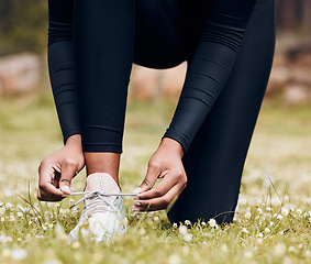 Image showing Hands, person and tie sneakers outdoor on grass for running, workout and performance. Closeup of athlete, runner and lace shoes on feet, footwear and exercise at park for sports, fitness and marathon