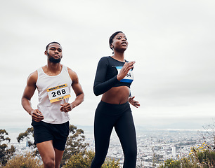 Image showing Running couple, mountain race and wellness with workout and training together for a marathon. Runner, young people and road on a exercise challenge outdoor with sport cardio performance in nature