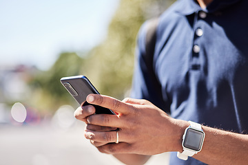 Image showing City, phone and hands of outdoor person typing, scroll or check online news, blog or article on morning commute. Texting, mobile app and urban student search for direction, gps or social media post