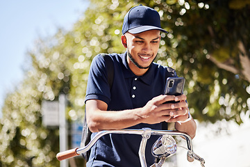 Image showing City transportation, cellphone or happy man reading, typing or check online news, bicycle route or article on morning commute. Carbon neutral bike travel, mobile or male student smile for media post