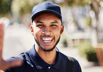 Image showing Delivery, selfie and portrait of a man in the city while doing courier work with transport. Happy, smile and headshot of a male ecommerce worker taking a picture while dropping a package in town.