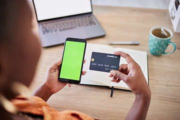 Image showing Phone, green screen or hands of woman with credit card on ui mockup space display for financial payment. Remote work, house or copywriter typing banking info on mobile app or fintech website online