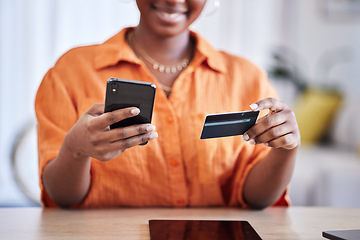 Image showing Hands, ecommerce or happy girl with credit card or phone on payment on internet website or fintech. Online shopping, finance or excited woman typing in money transfer via mobile banking at home