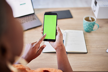 Image showing Phone, remote work or hands of woman with green screen on ui mockup display or cellular technology. Space, house or copywriter with cellphone for social media or online communication on mobile app