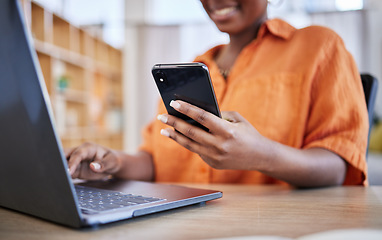 Image showing Phone, laptop or hands of happy woman on social media networking, searching or texting message. News, surf or editor typing, copywriting or checking emails online on digital mobile app or web chat