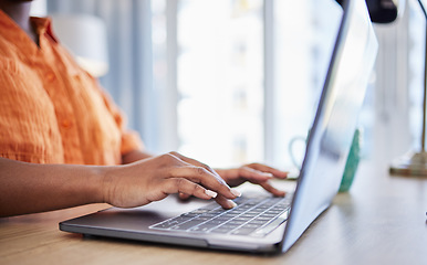 Image showing Hands, editing or woman writer typing on laptop for networking on email or online research on keyboard. Closeup, digital or girl copywriting on blog site, feedback or internet article for remote work