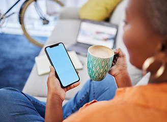 Image showing Woman, hands and phone with mockup screen for communication, research or advertising at home. Hand of female person on smartphone display or chromakey for online browsing on living room sofa in house