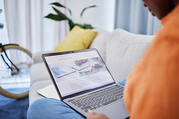 Image showing Laptop screen, stock market and person on sofa in work from home opportunity, trading and entrepreneur search. Website, blog and people or trader on couch reading, learning or information on computer