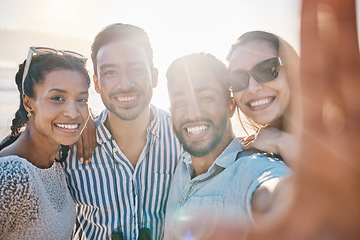 Image showing Friends, selfie and sunshine with summer and happy people outdoor, travel and freedom with men and women in nature. Smile for picture, memory and social media post, group of people and adventure