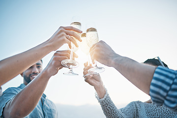 Image showing Happy, friends and hands toast with champagne, having fun and bonding at sunset. Smile, group and people cheers with wine glass, alcohol and drink for celebration on holiday, summer party and mockup.