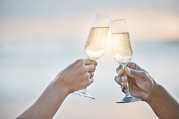 Image showing Sunset, couple and hands toast with wine glass, having fun or bonding together on mockup space. Vacation, champagne and people cheers with alcohol drink for celebration on holiday, summer or party.