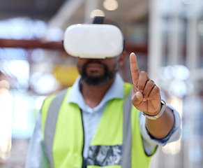 Image showing Logistics, warehouse and man in vr headset for virtual checklist, inventory or online schedule. Future technology, person in augmented reality mask in factory and futuristic stock management system.