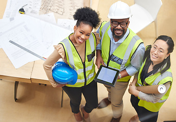 Image showing Tablet, teamwork or portrait of engineers with designer planning a construction for architecture. Top view, blueprint or happy black people with Asian woman meeting together on a development project