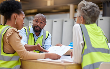 Image showing Floor plan, meeting or civil engineering team planning a building or construction architecture in office. Teamwork, collaboration or group of senior designers talking or speaking of blueprint ideas