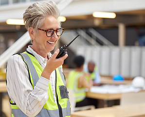 Image showing Walkie talkie, senior woman and happy architect talking for communication, construction or command. Radio, elderly engineer and manager planning industrial project management for building maintenance