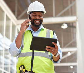 Image showing Phone call, black man and architect with tablet for research, planning and working on construction project. African engineer, mobile technology and happy contractor on internet, email and networking.