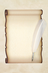 Image showing Parchment Paper Scroll with White Feather Quill Pen 