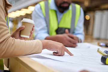 Image showing Construction, meeting and people with blueprint for planning with paperwork, illustration and document. Engineering design, teamwork and hands of workers on floorplan for building renovation on site