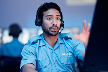 Image showing Security dispatch, computer and man with problem, emergency and monitor CCTV, surveillance or crime. Safety officer, support consultation and law person reading, chat and consulting about 911 crisis