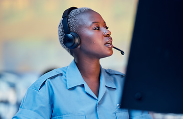 Image showing Security dispatch, communication headset and black woman talking, speaking and check surveillance system. Conversation, support consultation and helping African person chat about crime safety service