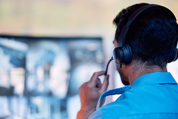 Image showing Police dispatch, communication headset and man talking, speaking and consulting with security, monitor CCTV or callcenter. Conversation, support consultation and back of person chat about 911 service