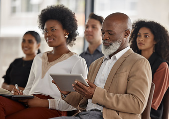 Image showing Seminar, listening or business people writing notes in meeting for education or coaching in company. Mentorship, learning or employees in group training presentation with tablet or notebook in office