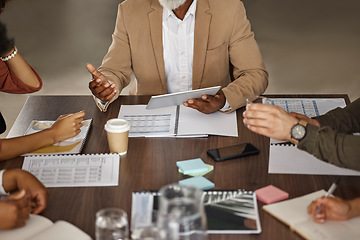 Image showing Documents, tablet or hands of business people in a meeting planning a financial strategy together. Data analytics, teamwork or manager with marketing portfolio report file, schedule or paperwork