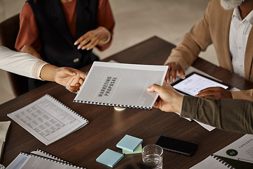 Image showing Documents, proposal or hands of business people in a meeting planning a financial strategy together. Data analytics, teamwork or manager giving worker a marketing portfolio report file or paperwork