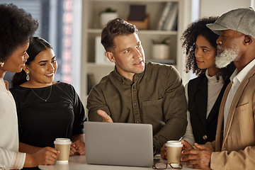 Image showing Business people, laptop or meeting for team collaboration on group project in office for startup innovation. Teamwork, diversity or leader planning in discussion brainstorming for online marketing