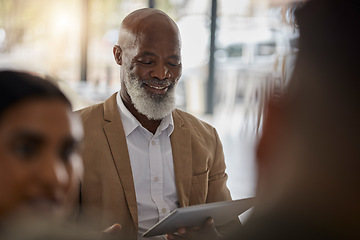 Image showing Black man, tablet or boss in meeting for business growth, strategy or collaboration on project in office. Happy CEO, digital startup or African senior manager planning or working on online marketing