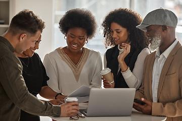 Image showing Documents, laptop or business people meeting for team strategy or collaboration on group project together. Success, paperwork or happy colleagues planning or speaking of online marketing in office