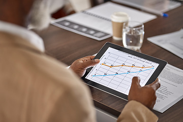 Image showing Hands of man in meeting with tablet, graphs and charts, stats for sales report, data and information in office. Business growth, online statistics or performance review, analytics in profit research.