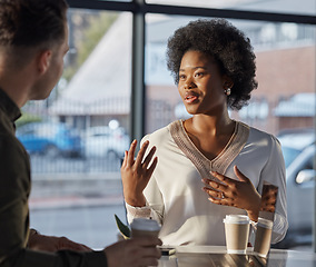 Image showing Coffee, man or black woman in cafe for networking in conversation or discussion drinking espresso. Tea, chatting or business people speaking, meeting or talking on a break together for team building