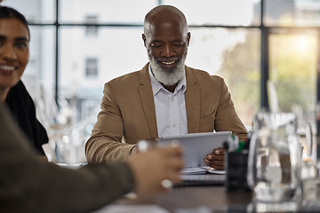 Image showing Business people, tablet or CEO in meeting for team idea, strategy or collaboration on project in office. Happy, digital startup company or senior manager planning or working on online marketing goals