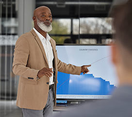 Image showing Mentorship, black man teaching or business people in presentation for data report or financial analysis. Pointing, leader or senior manager in meeting with graphs stats on screen monitor in training