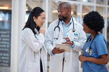 Image showing Medical, team and doctor planning research in a hospital and talking about results as teamwork communication. Discussion, healthcare and professional group speaking about medicine strategy in clinic