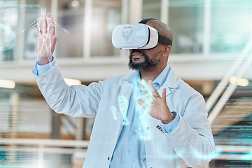 Image showing VR, futuristic and black man doctor working on a hologram with DNA, anatomy and overlay in a lab or holiday. Future, healthcare and professional use virtual reality to analyze medical data on screen