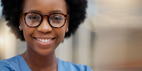 Image showing Nurse, smile and portrait of black woman in hospital for medical, space and expert. Medicine, healthcare and nursing with face of person in clinic for wellness, life insurance and surgery mockup