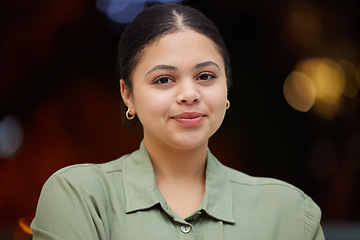 Image showing Confident, proud and portrait of woman designer calm ready for business and work with bokeh background. Worker , looking and young female person or employee with positive mindset or inspiration