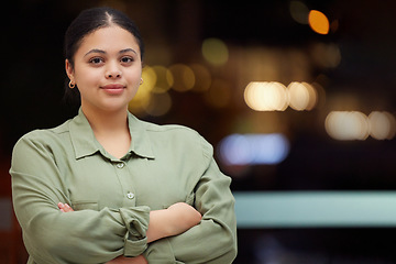 Image showing Confident, smile and portrait of woman personal assistant calm and proud with bokeh, mockup and ready to work. Worker, looking and young female person or employee with positive mindset and motivation