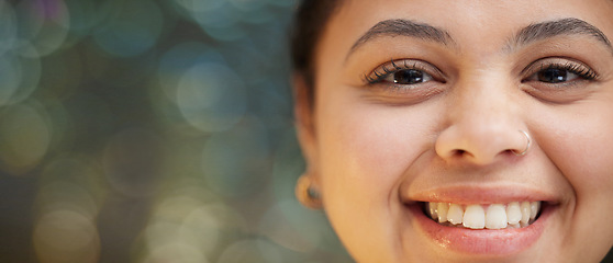 Image showing Face, smile and portrait of woman designer happy and proud with bokeh, mockup and confident with work. Head, looking and young female person with positive mindset, inspiration and motivation