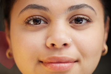 Image showing Closeup, woman and portrait of face with smile for vision, career ambition or natural beauty. Happy female person or model looking in determination and motivation for facial recognition or identity